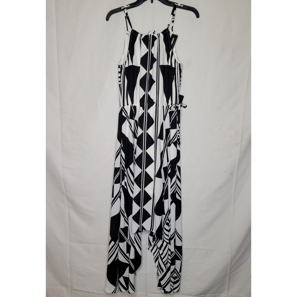 Express Womens Geometric Print Halter Maxi Dress w/ Handkerchief Hem - Picture 4 of 9
